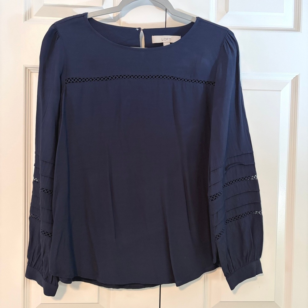 LOFT Navy Ladder Lace Crochet Trim Pleated Long Sleeve Blouse Womens Medium
